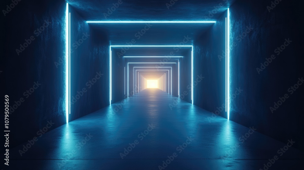 Fototapete Abstract light tunnel with blue background featuring a portal illuminated by rays neon lights and spotlights Dark vacant setting enhanced by neon elements Symmetrical reflection and perspective in