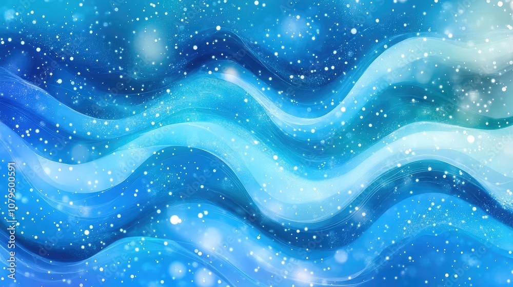 Poster Vibrant abstract background featuring dynamic blue and turquoise waves adorned with sparkles water droplets and snowflakes creating a decorative space for text