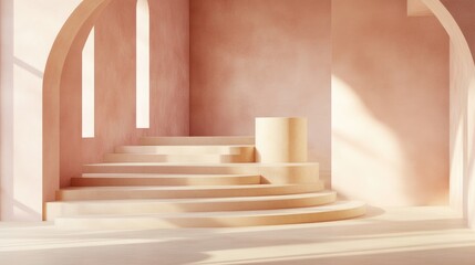 Naklejka premium Studio featuring geometric shapes and an arched staircase with steps podium and showcase set against a soft pastel background for showcasing premium products 3D render Modern and stylish graphic d