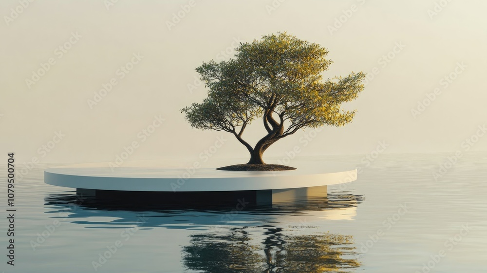 Fototapete Abstract empty mock up product display platform floating on water with bonsai tree and submerged platform for product presentation 3D rendering illustration