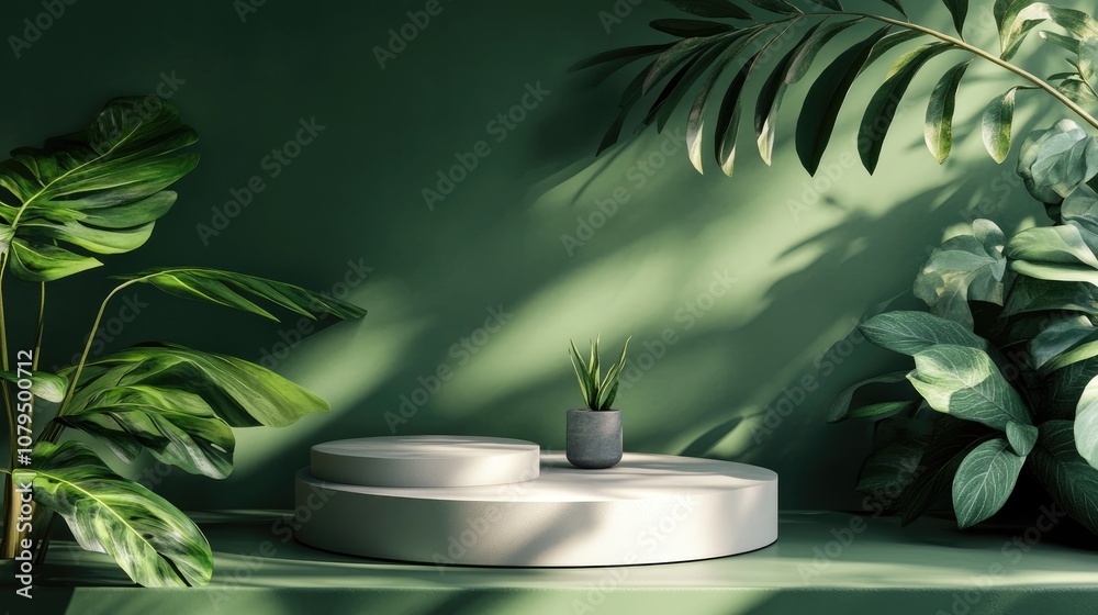 Poster 3d geometric podium mockup featuring tropical leaves designed for showcasing products against a gree