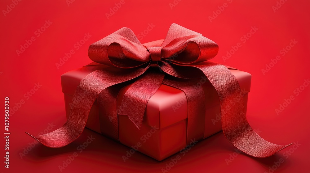 Aufkleber Red gift box adorned with a red ribbon bow on a matching red backdrop 3D rendering