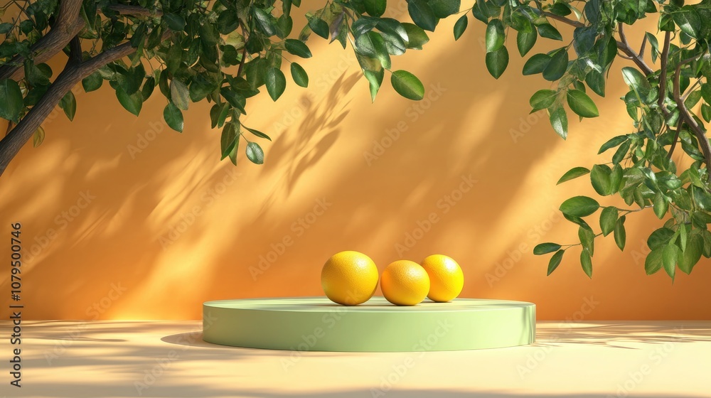 Poster 3d podium display in green and yellow with an orange backdrop and tree shadow summer themed product 
