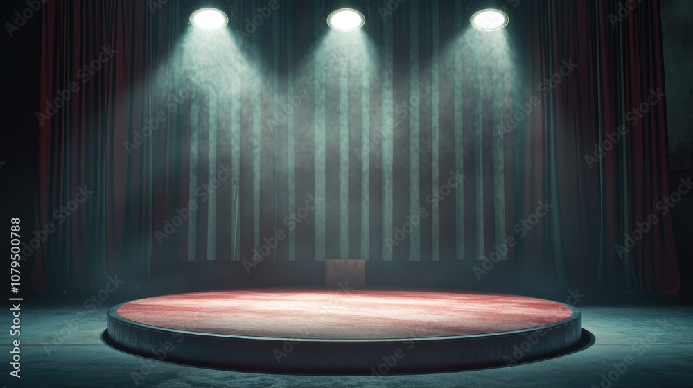 Aufkleber a 3d rendering of a vacant ringmaster s podium illuminated by striking spotlights against a shadowy 