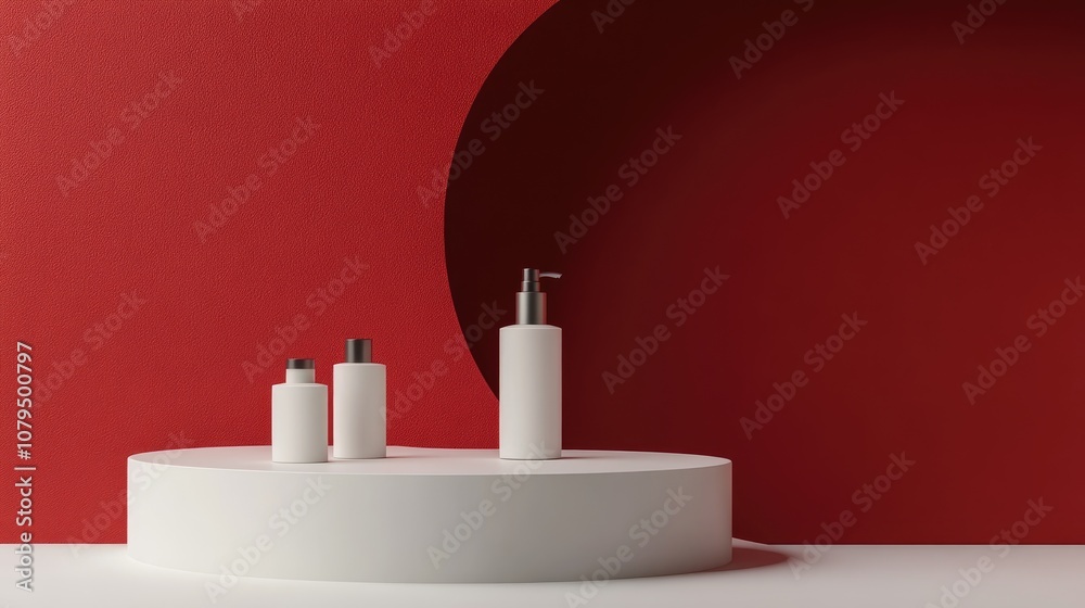 Poster 3d rendering of a neutral product display for skincare cosmetics with a contemporary red podium back