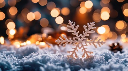 Snowflakes against a backdrop of bokeh lights