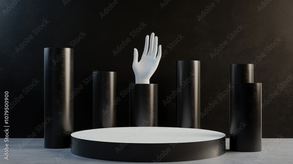 Aufkleber round pedestals and black and white cylinders in a 3d rendered illustration sculptural arrangement f