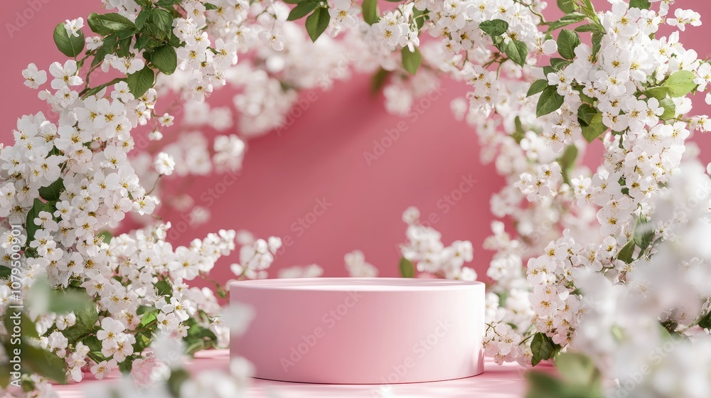 Poster abstract 3d render of a spring scene featuring a pink podium amidst white flowers set against a vibr
