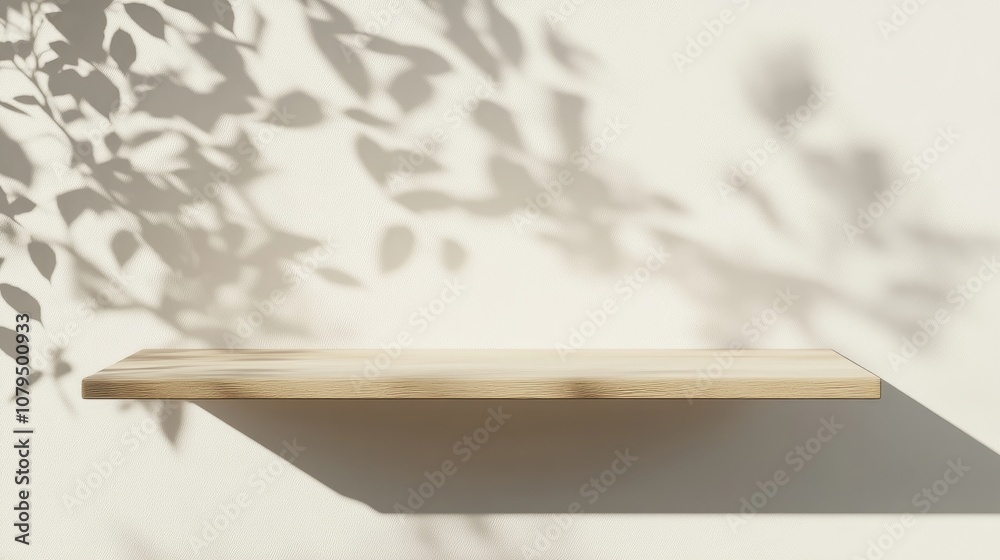 Fototapete minimalist white wall featuring a wooden shelf for showcasing products unoccupied space with tree le