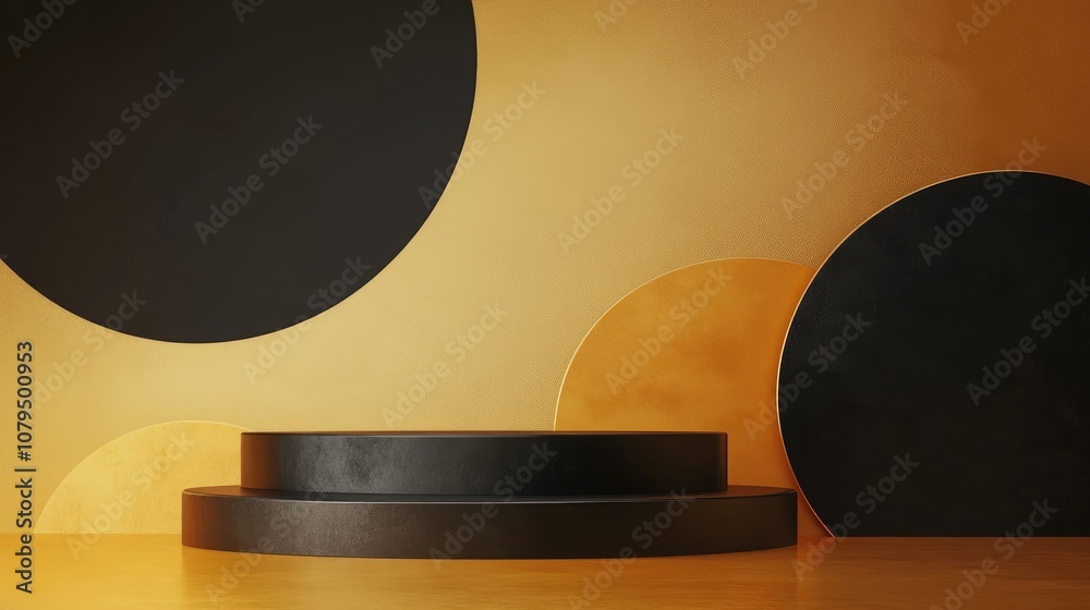 Poster Abstract podium background featuring geometric shapes in black and gold Minimalist 3D rendering ideal for product showcasing