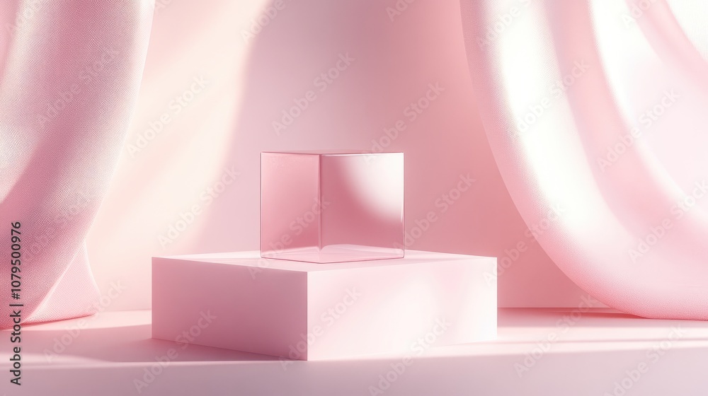 Fototapete Minimal composition featuring an empty pink pastel cube on a podium for product display accompanied by an abstract background Geometric shapes in soft hues are illustrated in 3D