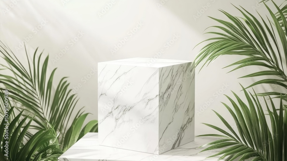 Poster White marble cube podium surrounded by palm leaves on a white background Concept scene for product showcase promotional display or cosmetic presentation featuring ample copy space 3D rendering