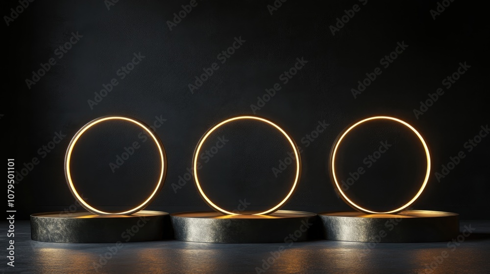 Poster Abstract concept featuring three circular pedestals in a minimalist setting with dark tones designed to showcase products on a golden podium 3D render