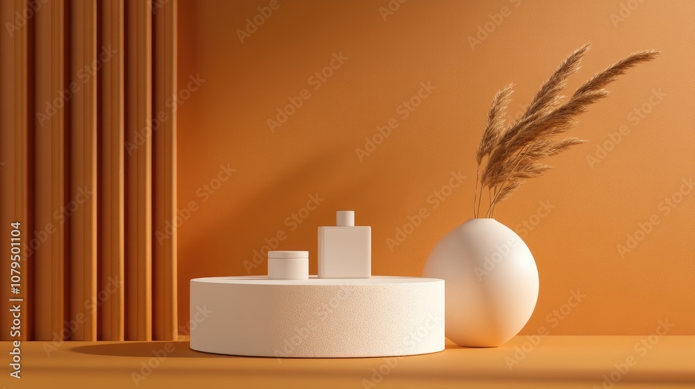 Poster 3D backdrop for product presentation featuring a geometric podium designed for showcasing cosmetic items Display stage on a pedestal in an orange studio setting