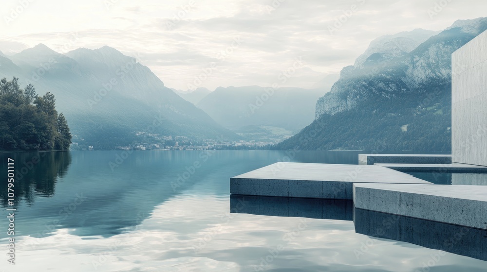 Poster Concrete podium and mirrored wall by a lake pool 3D rendering of an abstract space with a landscape backdrop