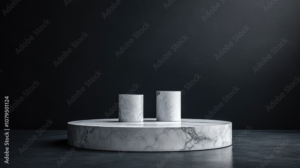 Aufkleber 3d rendering of a white marble pedestal set against a dark backdrop featuring three cylindrical bloc