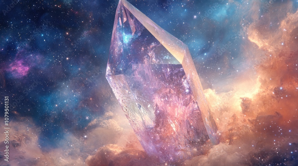 Poster cosmic elements within a crystal set against a backdrop of open space