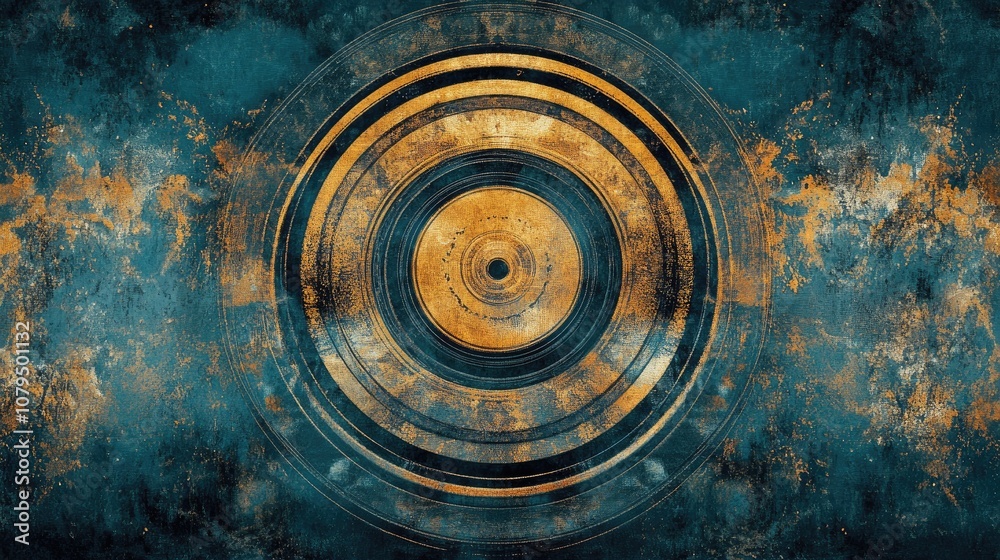 Poster abstract circular shapes and patterns framed within a border in digital art