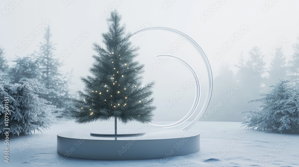Poster 3d display podium featuring a christmas tree winter scenery backdrop for product showcasing minimali