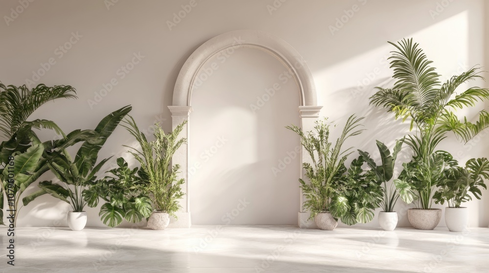 Poster floral arrangement featuring a geometric arch structure 3d rendering