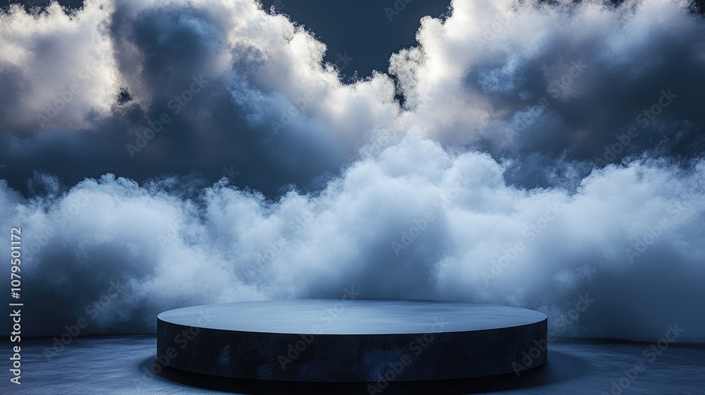 Poster 3d rendered podium stage with abstract cloud backdrop
