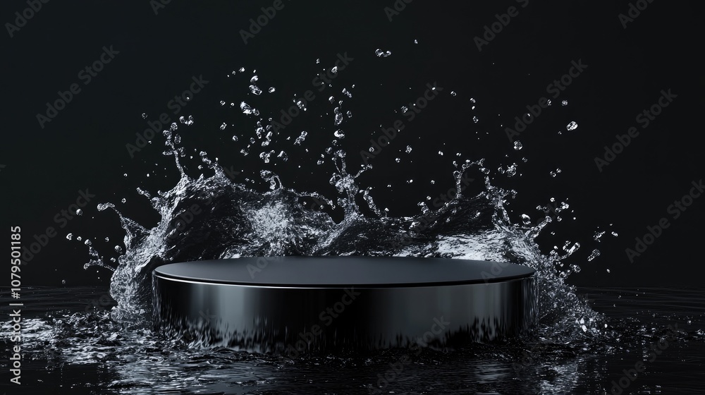 Poster Black podium over splashing water with a dark background 3D rendering