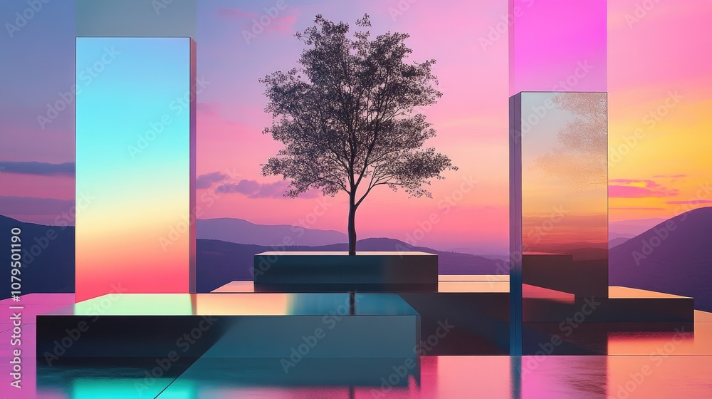 Fototapete 3D display platform showcasing various formats against a multicolored backdrop featuring a tree silhouette