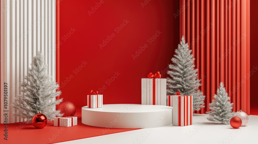 Poster 3D red and white podium in a minimal studio setting Abstract 3D geometric shapes created for festive product displays