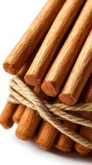 A close-up image of bundled cinnamon sticks tied with twine, showcasing their rich brown color and textured surface.