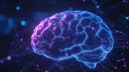 Obraz premium Close up of a digital human brain in blue and purple hues showcasing intricate connections on a digital backdrop