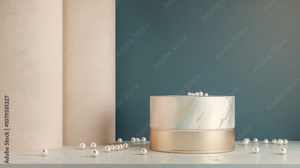 Poster 3d rendering of a cylindrical podium template with pearls set against a beige and grey blue backgrou