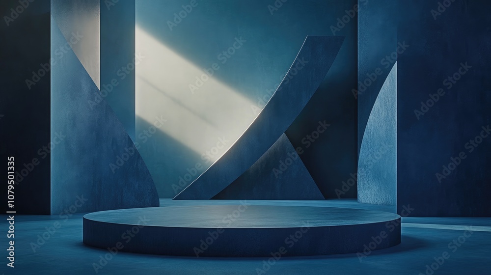 Aufkleber empty podium with geometric shapes in blue designed for modern stage presentations and minimalist mo