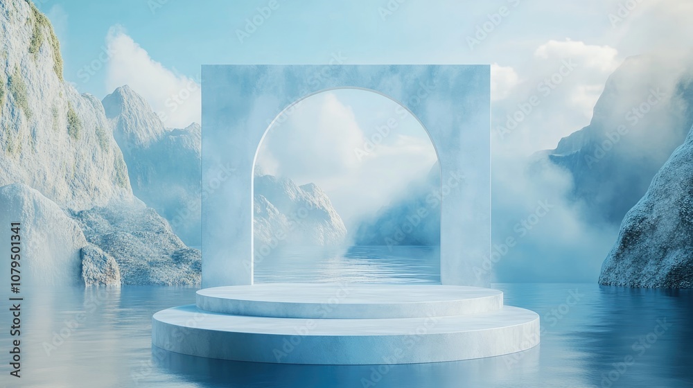 Poster display podium featuring a river against a blue backdrop 3d rendering