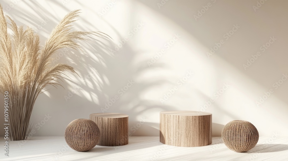 Poster 3d render of minimal podiums in cream and wood tones featuring rattan balls in a portrait orientatio