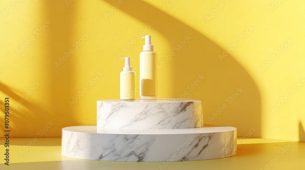 Poster marble pedestal showcasing products against a yellow backdrop 3d rendering