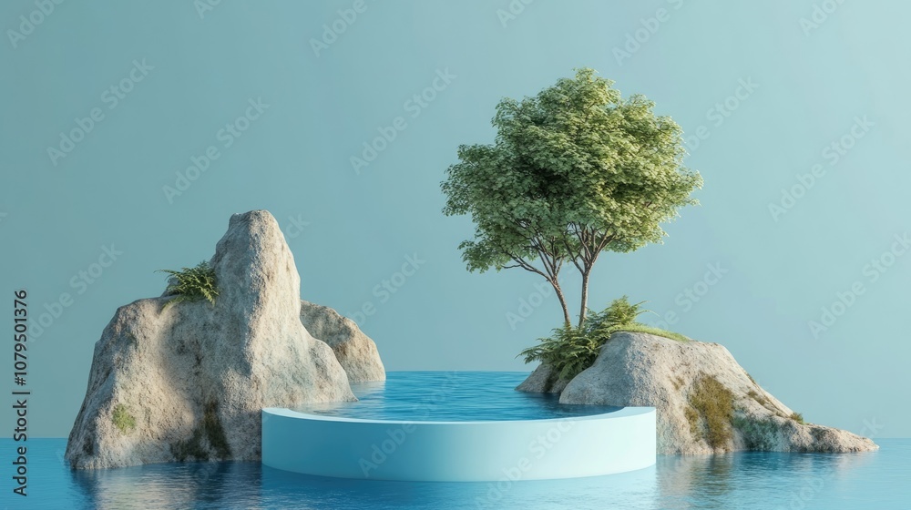 Poster display podium featuring a river against a blue backdrop 3d rendering