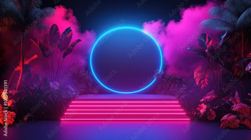 Poster modern exhibition stage background featuring neon lights and a laser display showcasing a 3d illustr