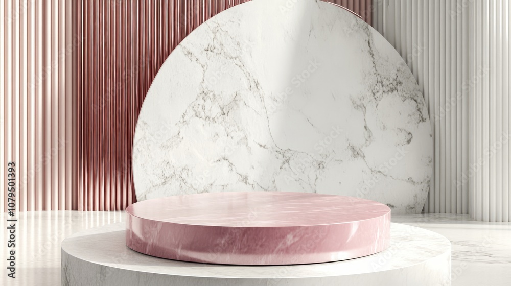 Poster Minimalist composition featuring a pink platform set on a marble podium Accented with pink metal details against a white abstract background Geometric shapes create a space for product display 3D