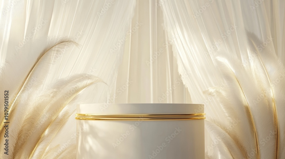 Poster abstract 3d luxury rendering featuring a white and gold cylinder pedestal podium adorned with gold r