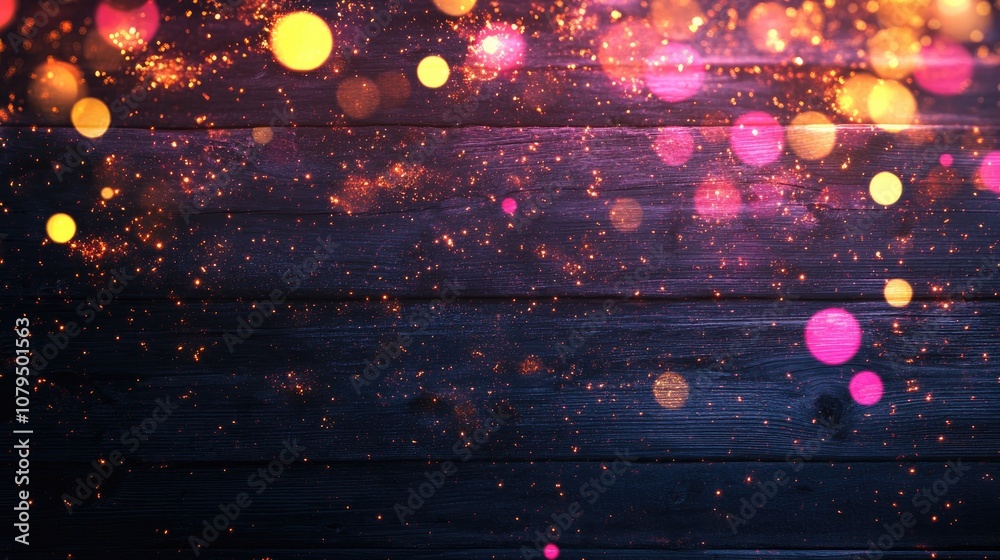 Aufkleber festive panoramic banner with pink and yellow bokeh lights and golden glitter against a dark wooden 