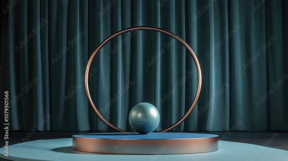 Poster empty blue and black cylindrical podium with a copper edge featuring a spherical object on a circula