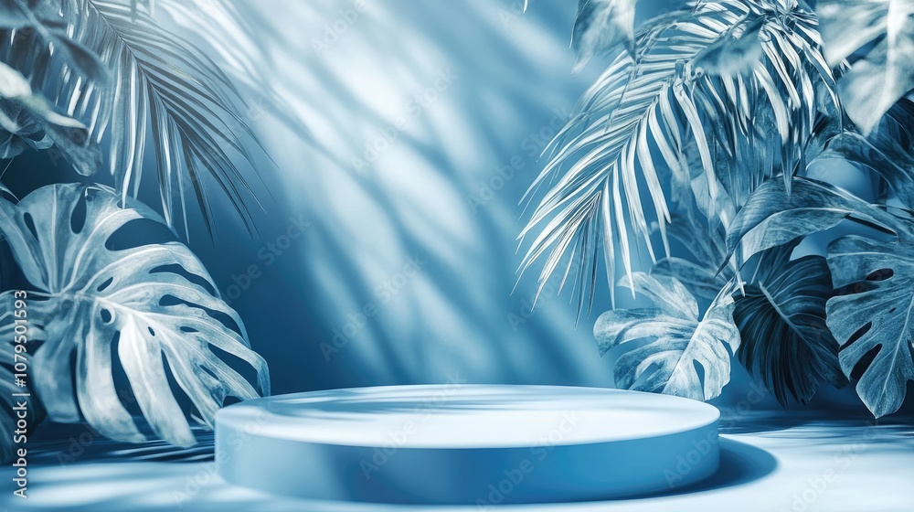 Poster 3d rendering of an abstract podium display featuring tropical leaves and a blue pastel plant scene c