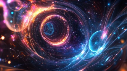 Obraz premium Abstract luminous background featuring swirling patterns an elegant glowing circle sparkling particles a space tunnel glossy jellyfish shapes colorful ellipses and glimmering spheres