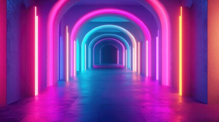3D render of an abstract background featuring blue pink and violet neon colors with ultraviolet lighting in an empty club interior showcasing a tunnel or corridor with illuminated panels and stage