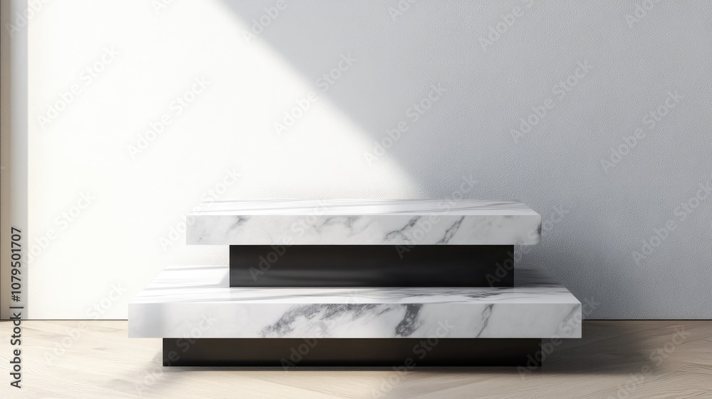 Poster two tier product display stand crafted from white marble and black wood featuring ample copy space f