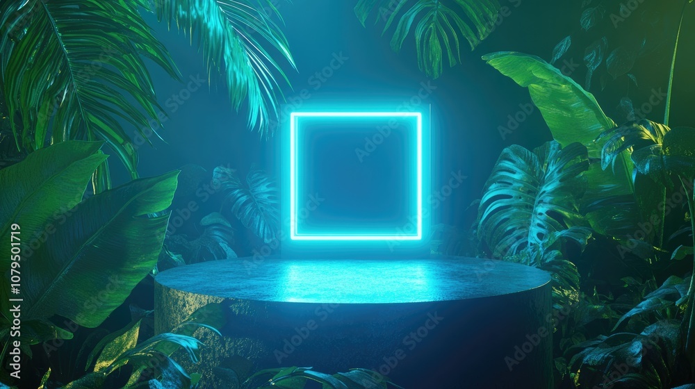Aufkleber Moss covered leaves and neon light design Three dimensional rendering of a blue square neon illumination paired with tropical foliage Three dimensional cylindrical podium Minimalistic setting for