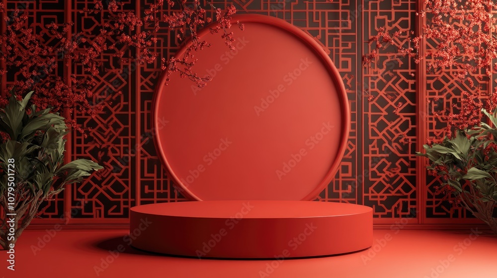 Poster product display podium featuring a vibrant red backdrop with a chinese inspired design rendered in 3
