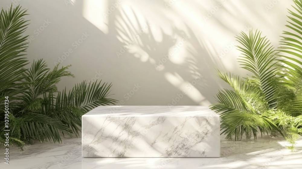 Poster White marble cube podium surrounded by palm leaves on a white background Concept scene for product showcase promotional display or cosmetic presentation featuring ample copy space 3D rendering