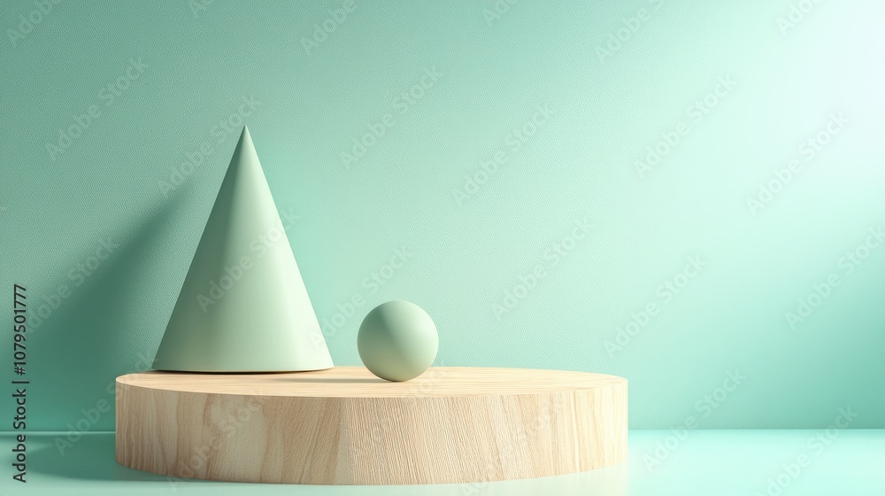 Aufkleber abstract pastel green background featuring geometric shapes and a wooden pedestal 3d rendering