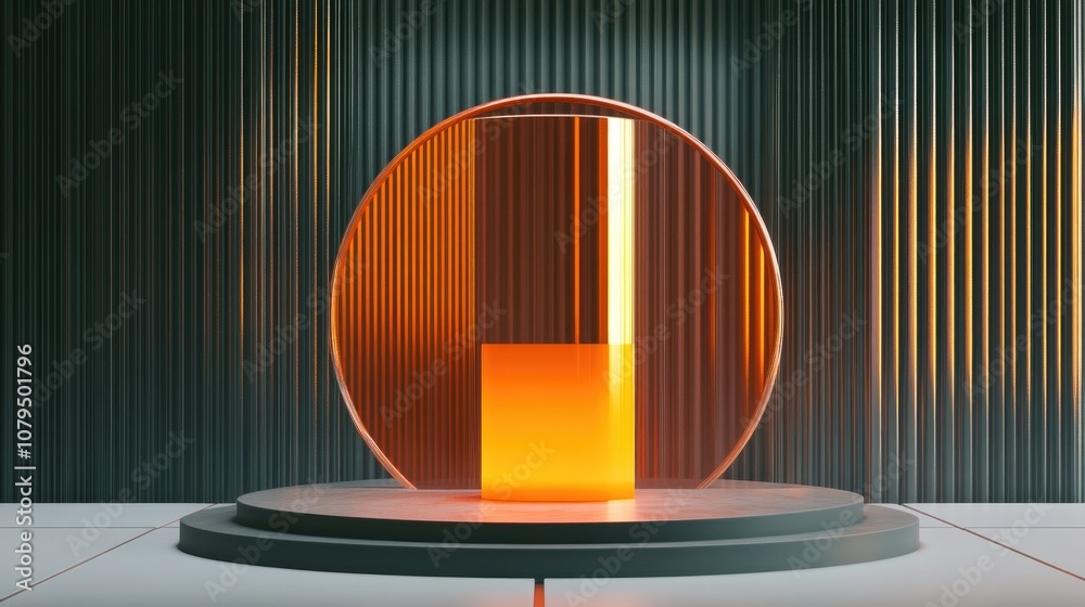 Poster 3d render of a circular and glass backdrop featuring a transparent orange cylinder podium within a s